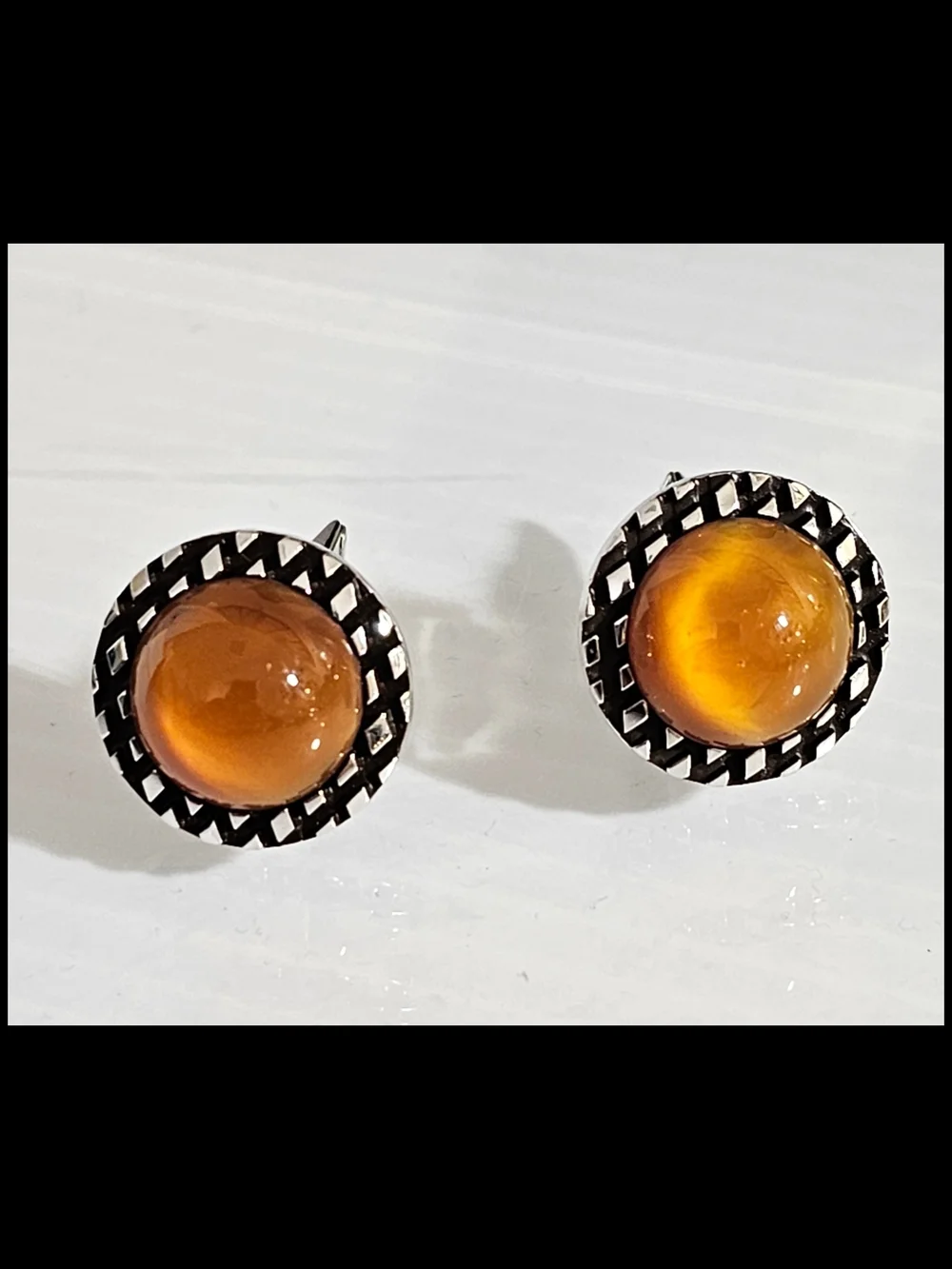 Vintage Silvertone & Amber Colored Jewelry Glass Cufflinks Soviet Era